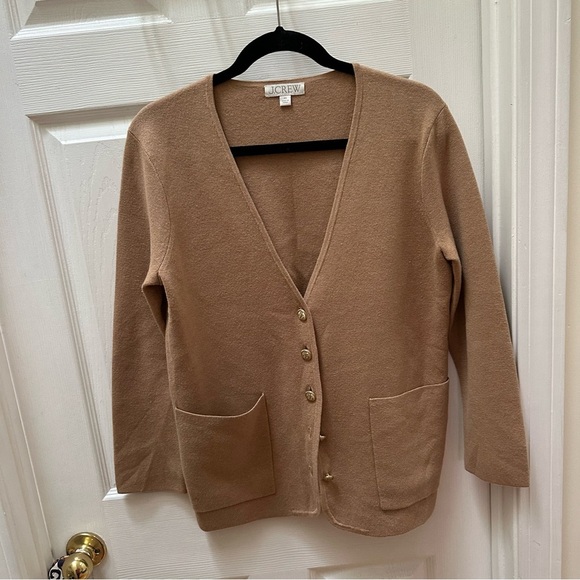 J Crew Giselle V neck sweater blazer tan camel gold buttons XS - Picture 2 of 10